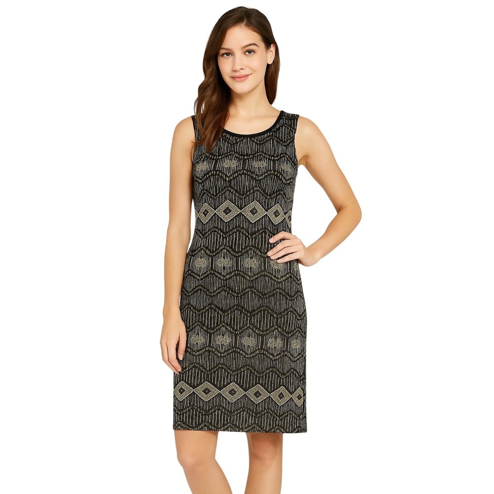 Olivia Matthews Dress Size S Black Gold Metallic‎ Sleeveless Geometric Stretch